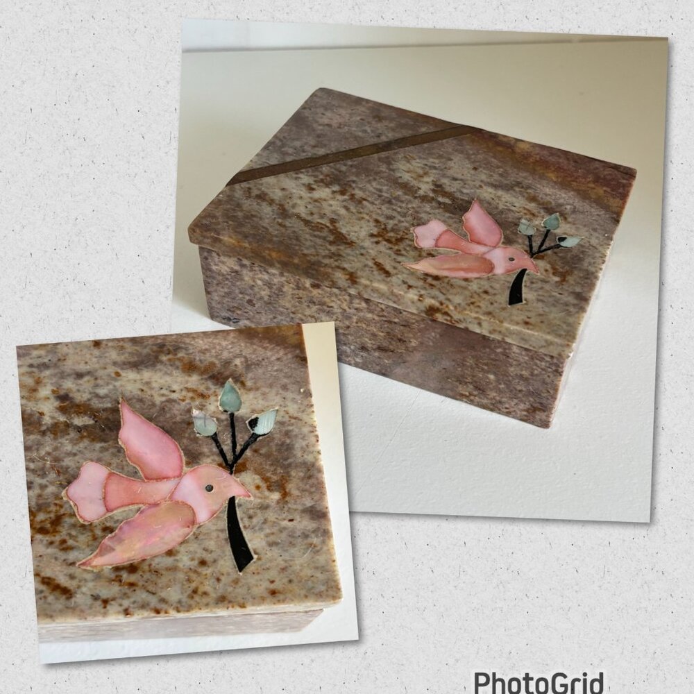 Vintage Marble Jewelry Trinket Box‎ Inlaid Pink Bird Dove and Brass Design